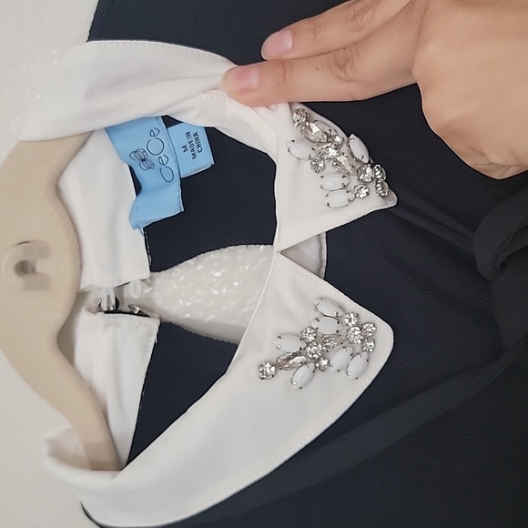 NWT CeCe Women's Rhinestone Collar Bow Neck Cotton Blend Black Sweater - Picture 8 of 10